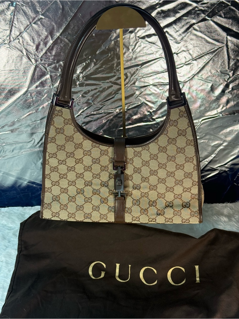 Gucci Beige Brown GG Canvas Shoulder Bag with Dark Brown Leather Trim